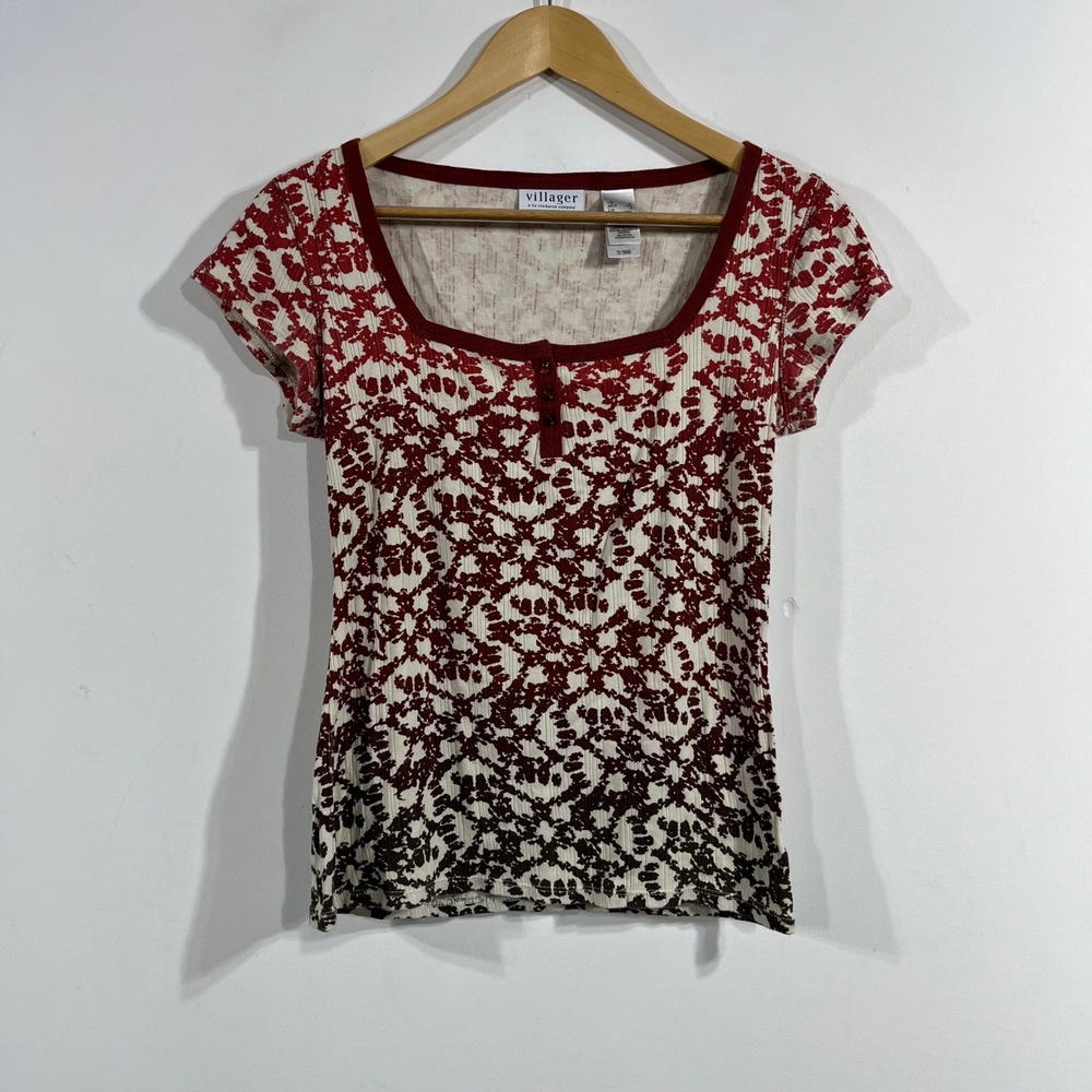 VTG Fairy Grunge 90s Liz Claiborne Print Ribbed Henley Top Small Y2K Boho Artsy